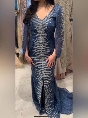 Exquisite Navy Blue Beaded Evening Gown with Metallic Accents